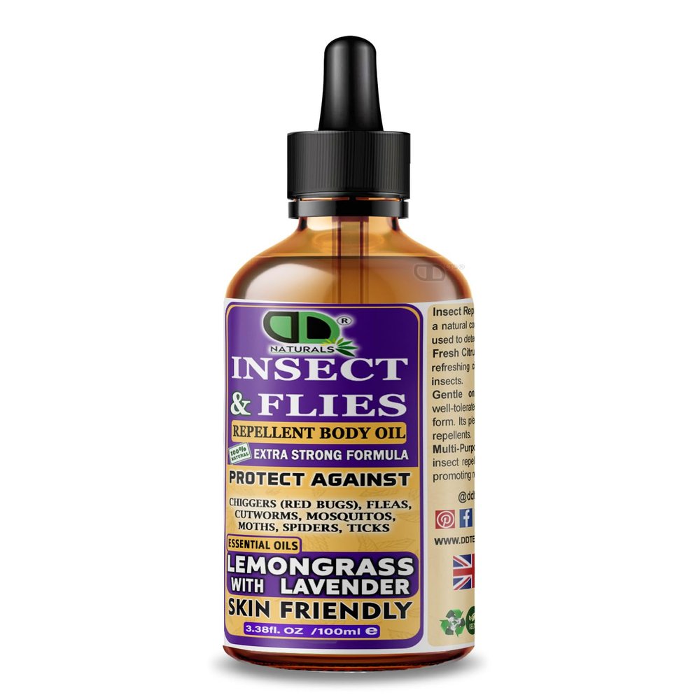 DD Teck Premium Insect Repellent with Lemongrass & Lavender  DEET Free Extra Strength Body Oil  Repels Mosquitoes, Fleas, Ticks, Moths & Spiders  Travel & Outdoor Protection (100ml Glass Dropeer)