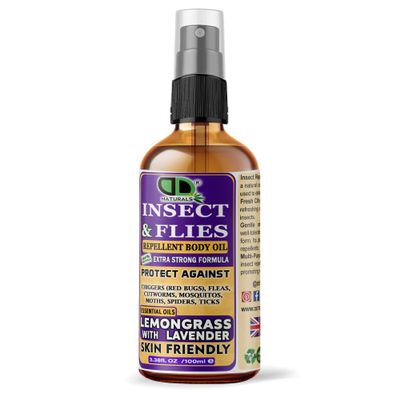 DD Teck Lemongrass Lavender Essential Oil Body Formula DEET Free Protection Against Mosquitoes Ticks Fleas Chiggers Moths Spiders Cutworms Natural Skin Friendly Outdoor Travel Use (50ml Glass Spray)
