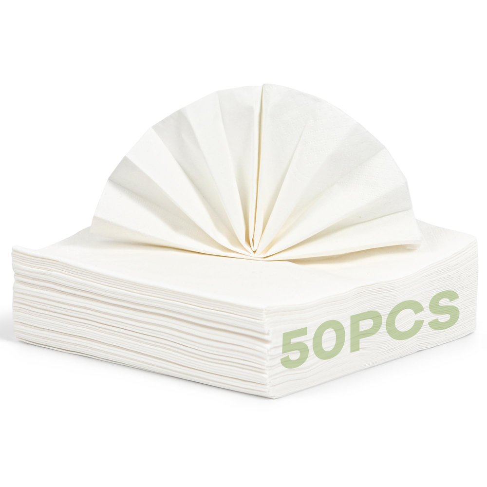 FEHHTO White Disposable Napkins - 50 Count Compostable Bamboo Eco-Friendly Paper Napkins - 13"x13", 2-Ply Unbleached Recycled Dinner Napkins - Soft, Absorbent, Biodegradable for Kitchen, Party