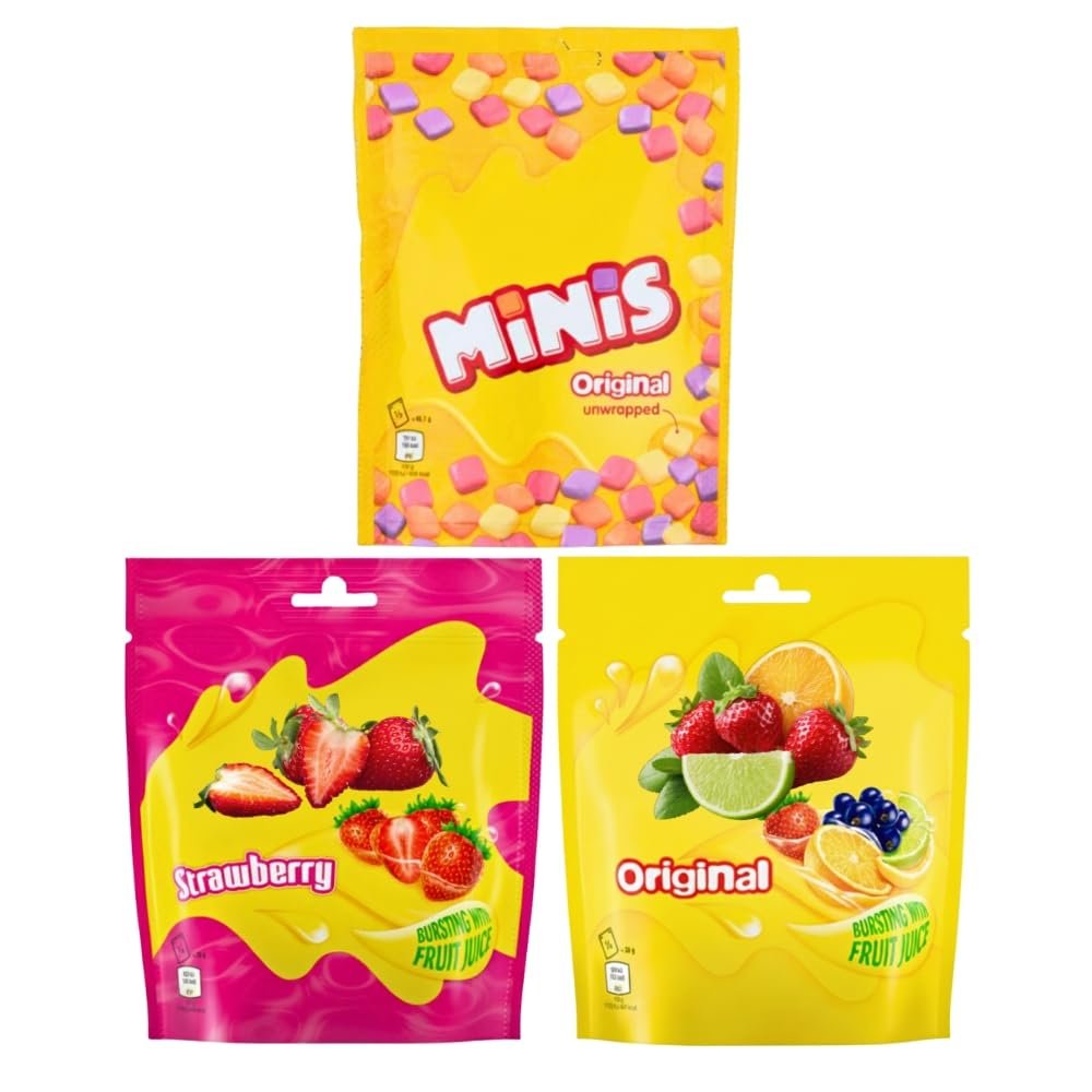 Assorted Fruit Chews Minis, Original & Strawberry  Soft Chewy Candy Variety Pack, Pouch Pack of 3 (137g Each)