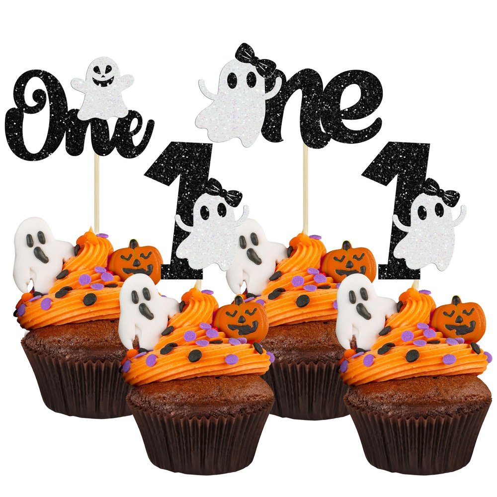 Gyufise 24Pcs Ghost 1st Birthday Halloween Cupcake Toppers Glitter First Birthday Spooky One Cupcake Pick Decorations for Halloween Theme Baby Shower Kids 1st Birthday Party Supplies