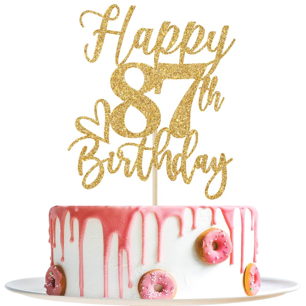 Happy 87th Birthday Cake Topper, 87th Birthday Decorations for Men/Women, Cheers to 87 Years, Hello 87, 87th Happy Birthday Party Supplies Gold Glitter