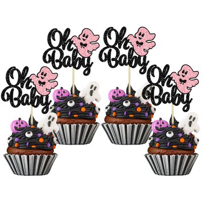 Gyufise 24Pcs Ghost Oh Baby Cupcake Toppers Glitter Bow Spooky Halloween Cupcake Pick Decorations for Halloween Theme Baby Shower Kids Birthday Party Supplies Black