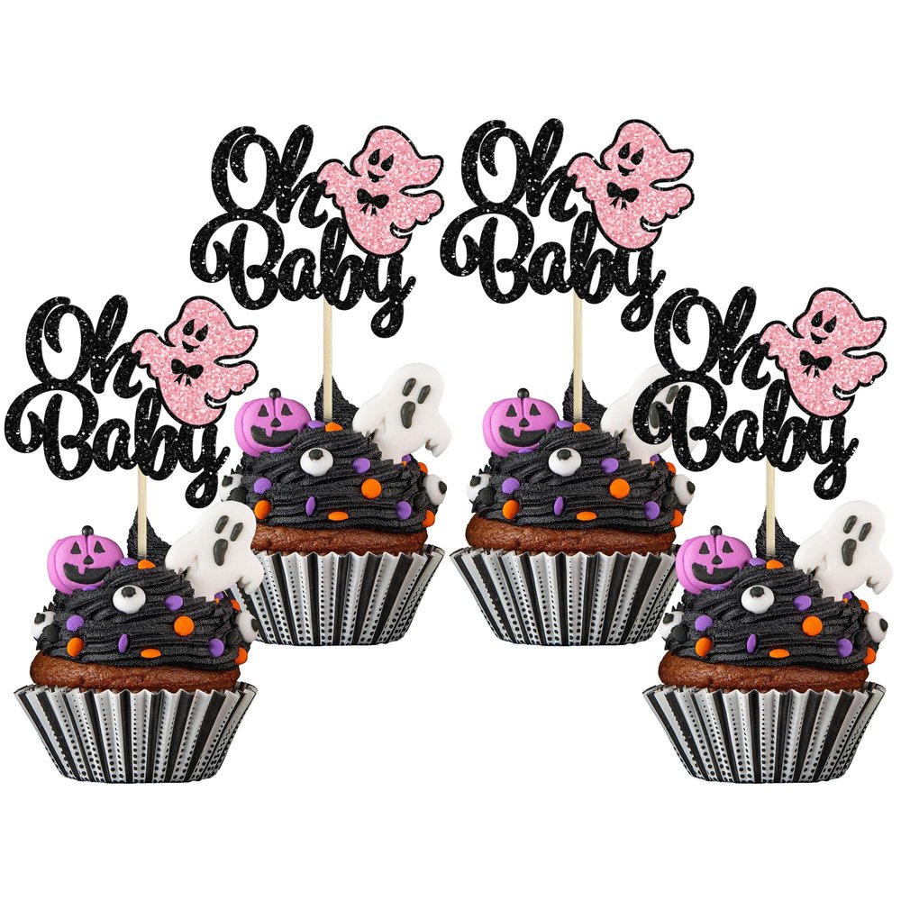 Gyufise 24Pcs Ghost Oh Baby Cupcake Toppers Glitter Bow Spooky Halloween Cupcake Pick Decorations for Halloween Theme Baby Shower Kids Birthday Party Supplies Black