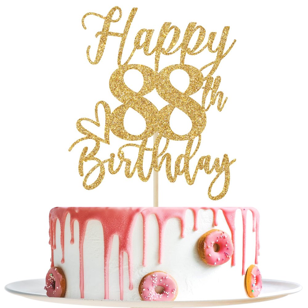 Happy 88th Birthday Cake Topper, 88th Birthday Decorations for Men/Women, Cheers to 88 Years, Hello 88, 88th Happy Birthday Party Supplies Gold Glitter