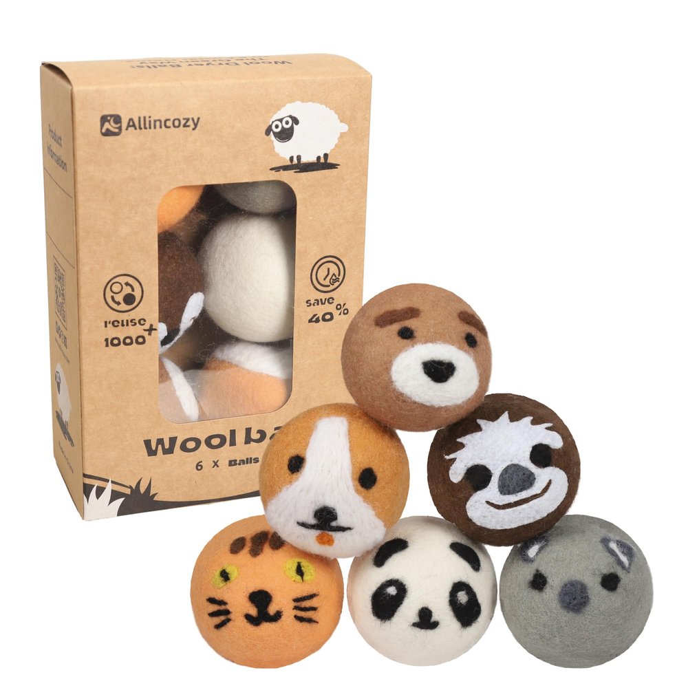 ALLINCOZY Dryer Balls - Eco-Friendly Fabric Softener, Reusable, Minimizes Wrinkles and Shortens Drying Time. The Superior Alternative to Plastic Balls and Liquid Softener. Animal (Pack of 6)