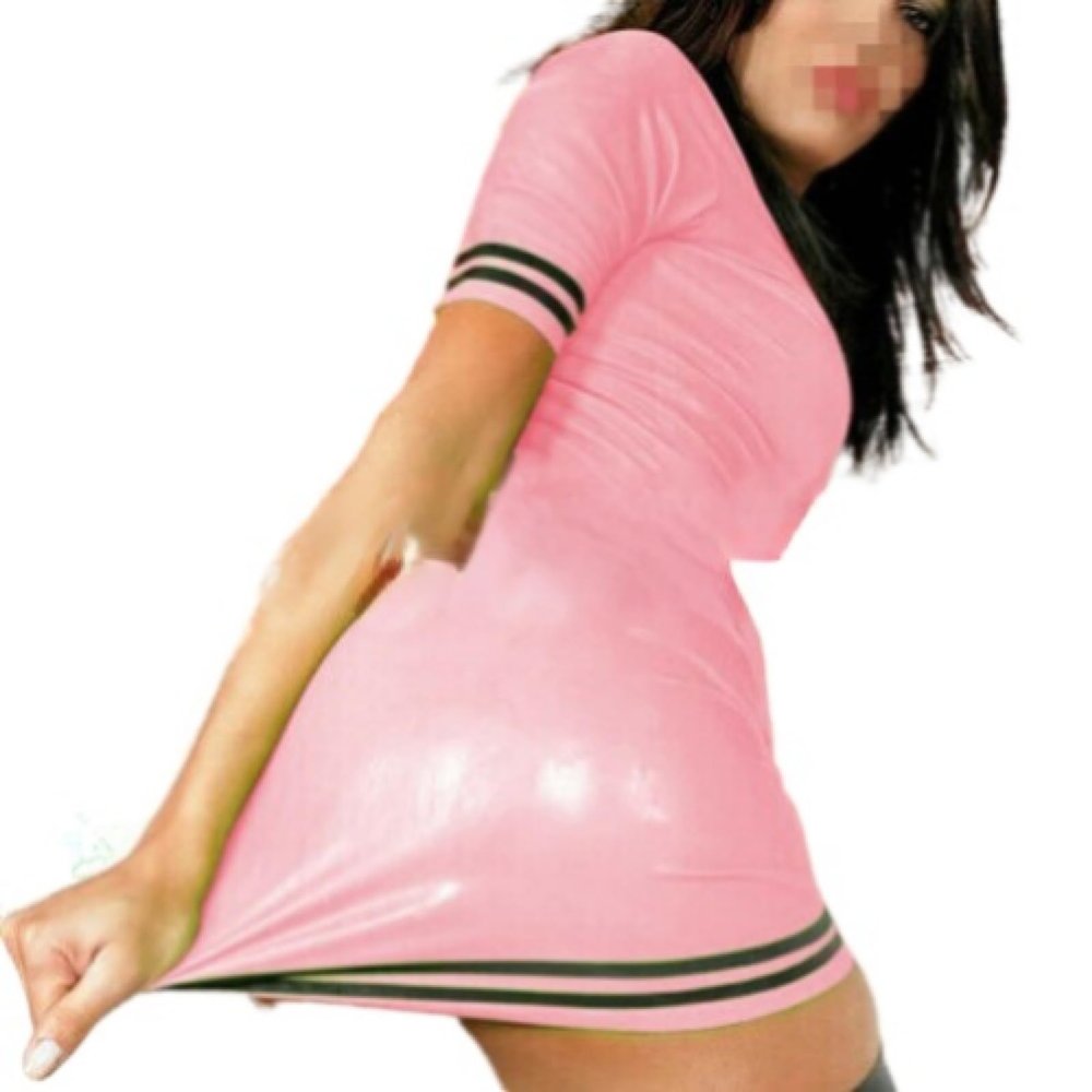 ASNAT Natural latex100% Natural Latex Dress Rubber Gummi Short Sleeve Catsuit Latex Rubber Skirt,Grey and Black,M