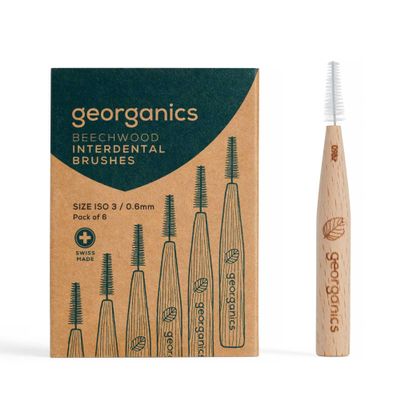 Georganics Beechwood Interdental Brushes ISO 3 (0.6mm) - Naturel and Efficient Teeth Cleaning for Larger Interdental Gaps - Compostable and Biodegradable - Vegan BPA-Free Nylon Bristles - Pack of 6
