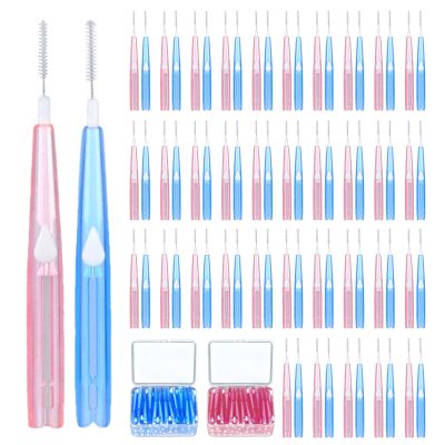 EUPSIIU 70 Pieces Interdental Brush, 0.6mm Interdental Pick Brushes Retractable Floss Head Toothbrush, 0.7mm Portable Tooth Cleaner Toothpicks Dental Floss for Cleaning Gaps Between Teeth (2 Colors)