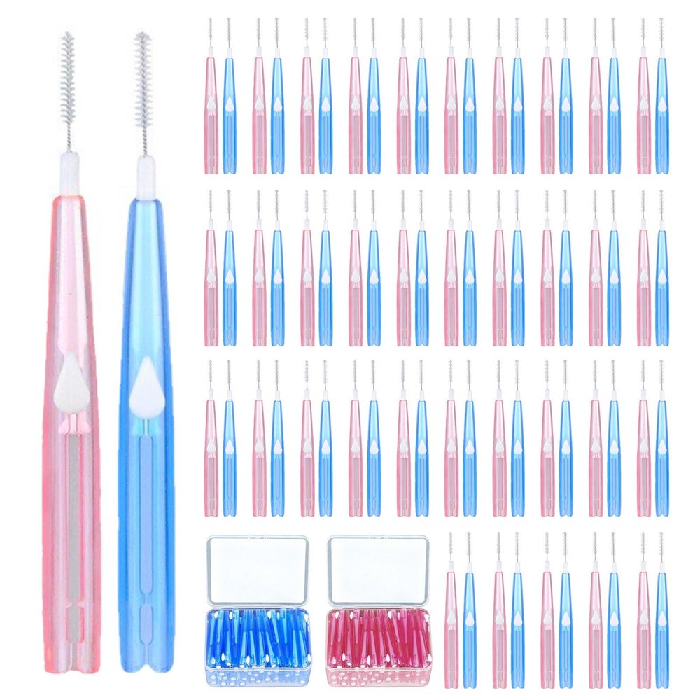 EUPSIIU 70 Pieces Interdental Brush, 0.6mm Interdental Pick Brushes Retractable Floss Head Toothbrush, 0.7mm Portable Tooth Cleaner Toothpicks Dental Floss for Cleaning Gaps Between Teeth (2 Colors)