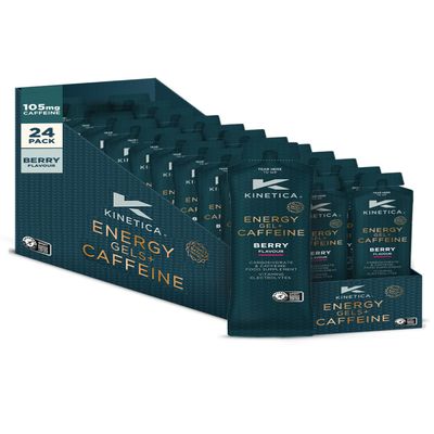 Kinetica Sports Quick Release Energy Gel + Caffeine - Berry Flavour | 105mg Caffeine, 27g Carbohydrates/Serve | 24 x 70g Pack | Contains Range of B Vitamins & Electrolytes | Fast Acting Energy Source