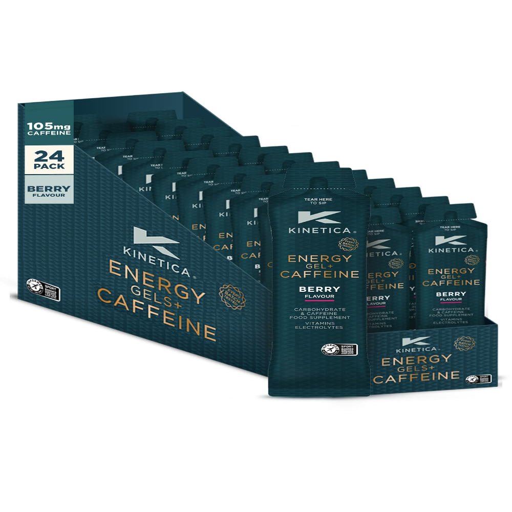 Kinetica Sports Quick Release Energy Gel + Caffeine - Berry Flavour | 105mg Caffeine, 27g Carbohydrates/Serve | 24 x 70g Pack | Contains Range of B Vitamins & Electrolytes | Fast Acting Energy Source