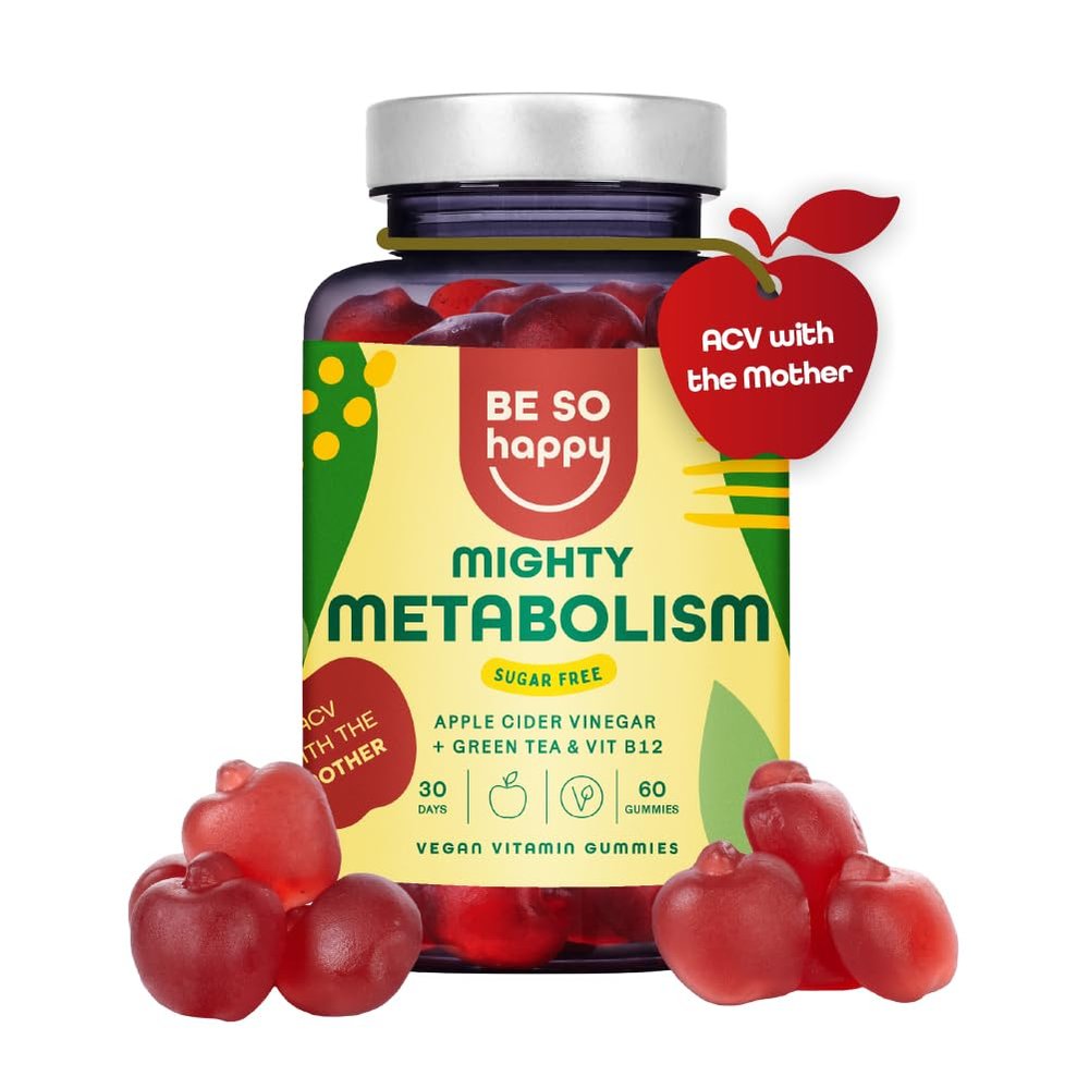 Sweet Sugar Free Apple Cider Vinegar Gummies with The Mother, Complex Ehanced with Greentea, Folic Acid, B12, B6, Selenium. High Dosage 100% Natural ACV Gummies BE SO HAPPY Mighty Metabolism