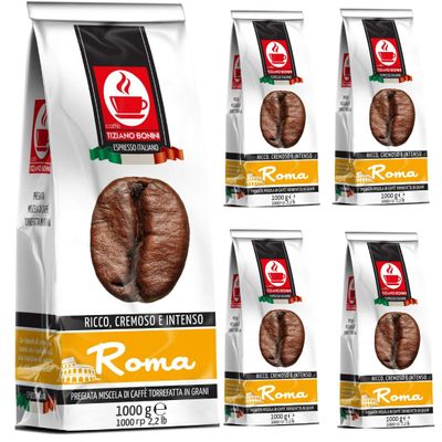 Bonini Roma Italian Blend Roasted Coffee Beans: Rich, Creamy & Intense (Pack of 5, Each 1kg)
