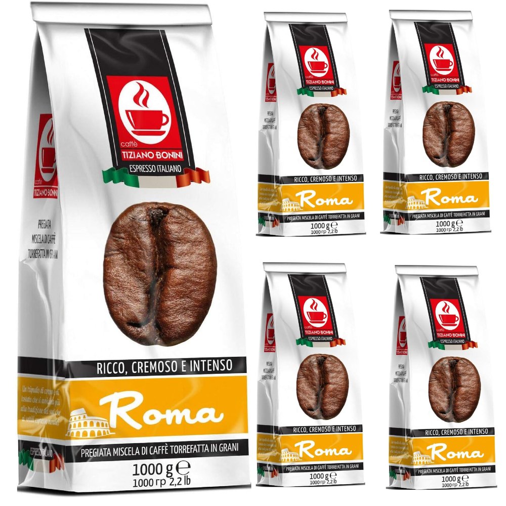 Bonini Roma Italian Blend Roasted Coffee Beans: Rich, Creamy & Intense (Pack of 5, Each 1kg)