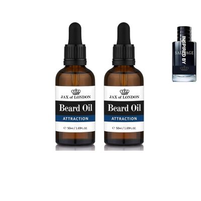 jax of London Inspired Beard Oil 2 Pack Set- Scented Aftershave Beard Oil For Beard Growth And Conditioning - Made In the UK - Various Scents (Pack of 2, Attraction)