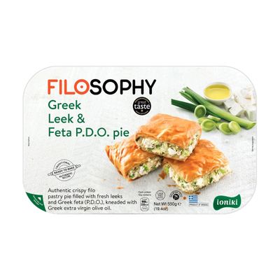 Filosophy Filo Vegan Pie, Traditional Greek Origin Frozen, 10 Flavours Available, Freshest Ingredients Ready to Bake and Eat (Greek Leek & FETA Pie 550g, 1 Pack)