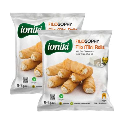 Filosophy Filo Vegan Pie, Traditional Greek Origin Frozen, 10 Flavours Available, Freshest Ingredients Ready to Bake and Eat (MINI Rolls with FETA Cheese 500g, 2 Pack)