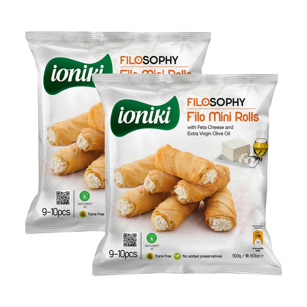 Filosophy Filo Vegan Pie, Traditional Greek Origin Frozen, 10 Flavours Available, Freshest Ingredients Ready to Bake and Eat (MINI Rolls with FETA Cheese 500g, 2 Pack)