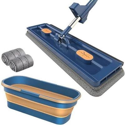 BUNIQ Flat Mop And Foldable Bucket Sets For Floor Cleaning, Floor Mop With 2-Pack Replacement Machine Washable Microfibre Mop Pads, Floor Mop And Bucket Set For All Types Of Floor