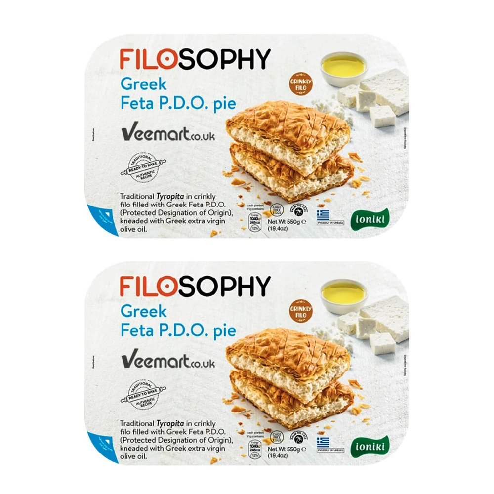 Filosophy Filo Vegan Pie, Traditional Greek Origin Frozen, 10 Flavours Available, Freshest Ingredients Ready to Bake and Eat (Greek FETA Pie 550g, 2 Pack)