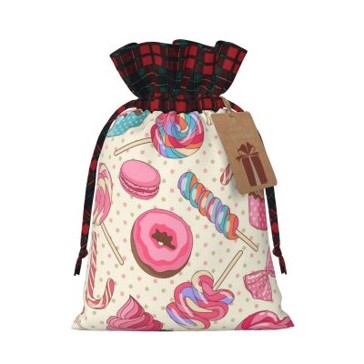 OPSREY Sweet Lollipop Cupcake printed Christmas Drawstring Gift Bag with Tag Reusable Gift Wrap Bag