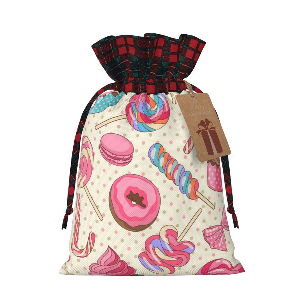 OPSREY Sweet Lollipop Cupcake printed Christmas Drawstring Gift Bag with Tag Reusable Gift Wrap Bag