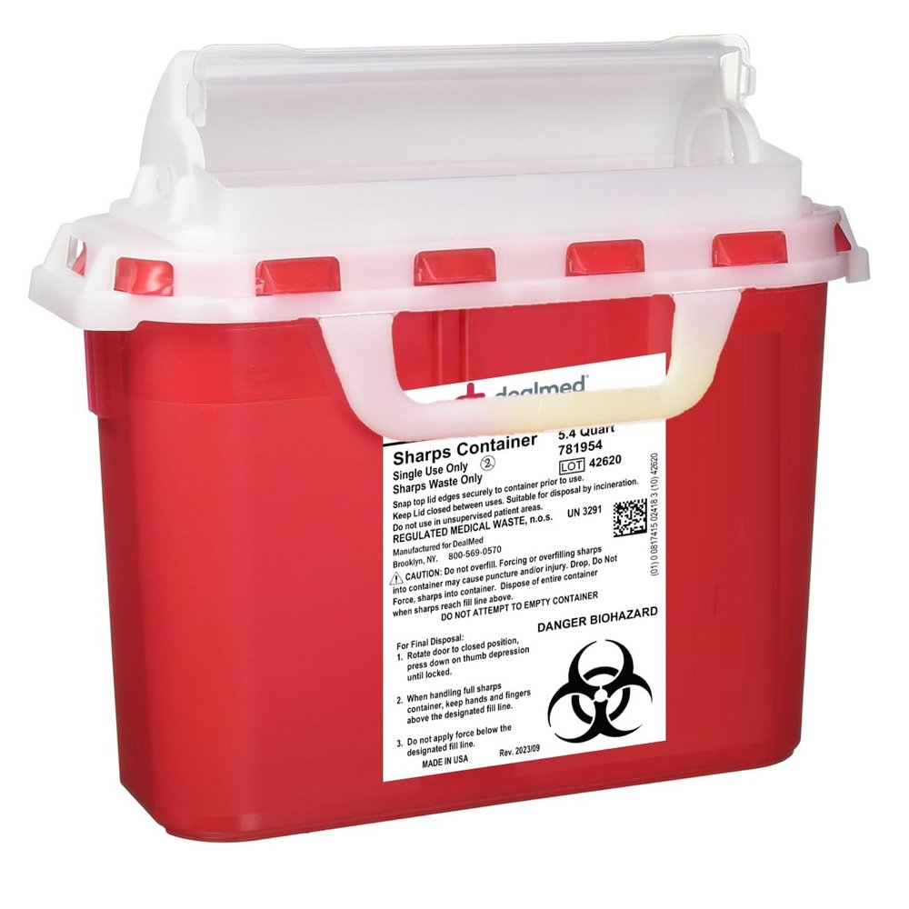 Dealmed Sharps Container, 5.4 Quart Rotor Lid, Made in The USA, Red (Pack of 1)
