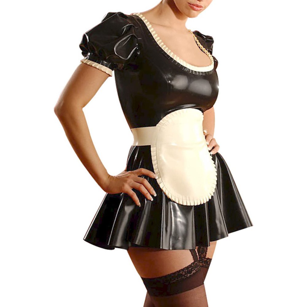 ASNAT Natural latexBlack and White Short Puff Sleeves Sexy French Maid Latex Dress with Apron Rubber Uniform,Baby Pink with White,XL
