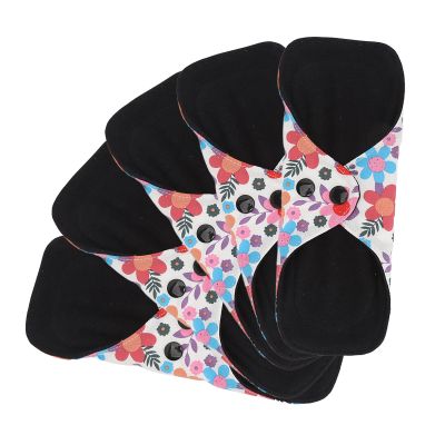 5Pcs Reusable Sanitary Pads, Washable Black Cloth Menstrual Pads Menstrual Towel Sanitary Napkins, Reusable Menstrual Pads Breathable Highly Absorbent Cotton (M)