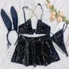 NewBull Women Wetlook Patent Leather Lingerie Set 2 Pieces Womens Faux Leather Outfit with Metal Chain Club Latex Cosplay Costume with Mini Skirt Halloween Costume for Bunny (Black) view 3