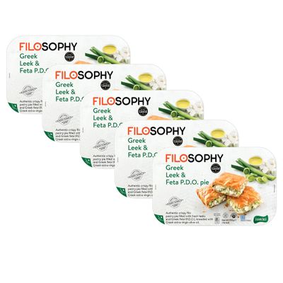 Filosophy Filo Vegan Pie, Traditional Greek Origin Frozen, 10 Flavours Available, Freshest Ingredients Ready to Bake and Eat (Greek Leek & FETA Pie 550g, 5 Pack)
