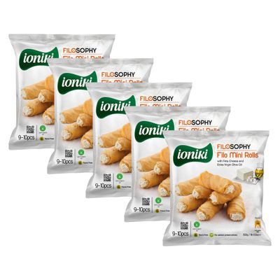 Filosophy Filo Vegan Pie, Traditional Greek Origin Frozen, 10 Flavours Available, Freshest Ingredients Ready to Bake and Eat (MINI Rolls with FETA Cheese 500g, 5 Pack)