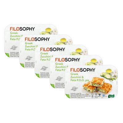 Filosophy Filo Vegan Pie, Traditional Greek Origin Frozen, 10 Flavours Available, Freshest Ingredients Ready to Bake and Eat (Greek Zucchini & FETA Pie 550g, 5 Pack)