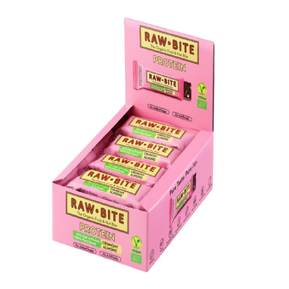 RAWBITE Crunchy Almond High Protein Bar | 21g Protein |12 Organic Vegan Protein Bars | Sugar Free Bars | Low Calorie | with Rice Protein, Dates, Almonds, Pumpkin Seeds & Cocoa | 12 x 45