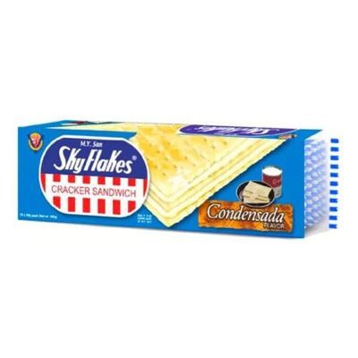 M.Y. San SkyFlakes Crackers Sandwich Cream Filling Filipino Crispy Snacks (10 Pcs) 300g - Sweet Milk Flavour Cream Filling Condensada