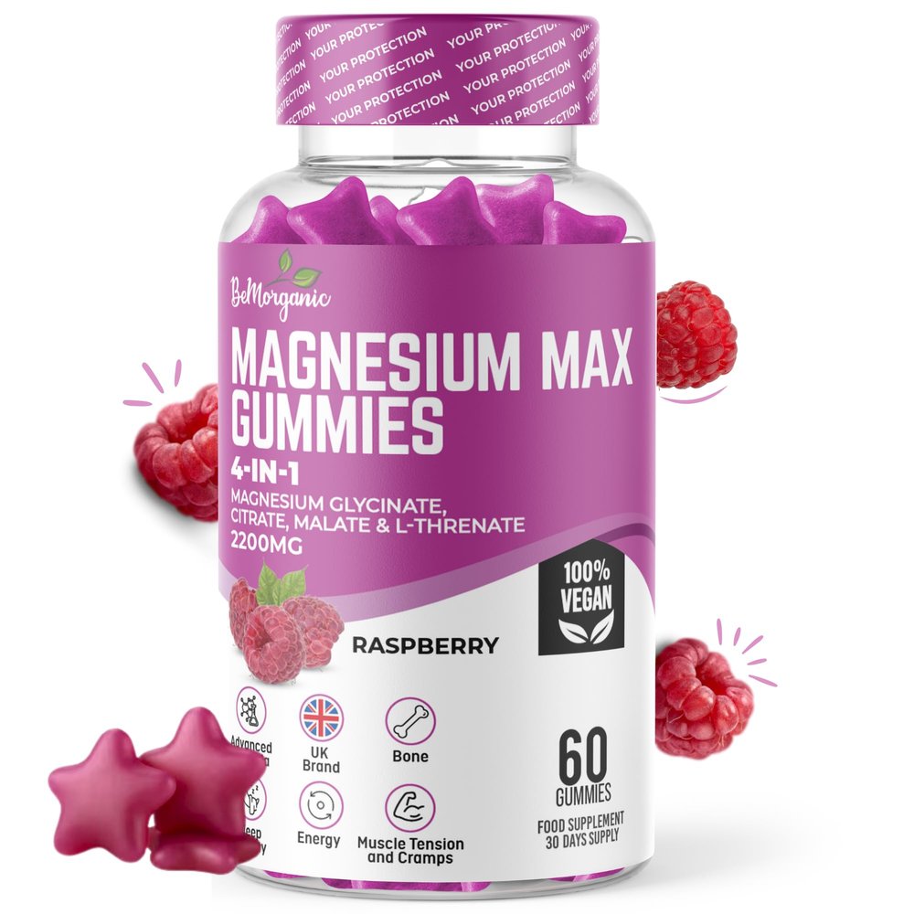 Magnesium Gummies for Adults High Absorption 252.6mg (60 Gummies) Elemental Magnesium from Citrate Malate Glycinate Vegan Raspberry Flavour Sleep Relaxation & Muscle Support Non-GMO Gluten-Free