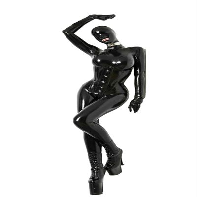 Sexy Black Latex Fetish Full Body Catsuit Hood Corset 3D Fake Silicone Breast Pocket E CupShoes not Included