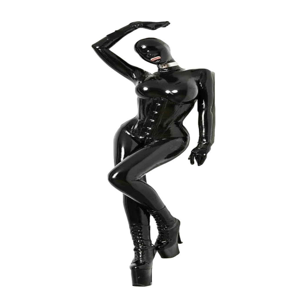 Sexy Black Latex Fetish Full Body Catsuit Hood Corset 3D Fake Silicone Breast Pocket E CupShoes not Included