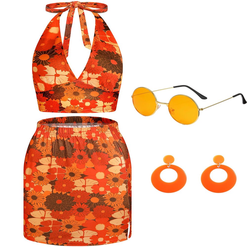 Twistover 4 Pcs 60s 70s Women Hippie Costume Retro Disco Outfit Groovy Halter Top and Bodycon Dress Earrings and Sunglasses(Large)
