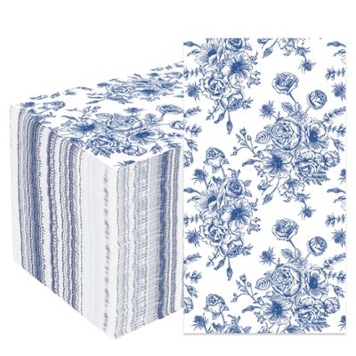 100 Pack Blue Floral Guest Napkins Disposable Flower Paper 3 Ply Decorative Hand Towels Dinner for Bridal Shower Baby Wedding Birthday Party Supplies, Blue and White