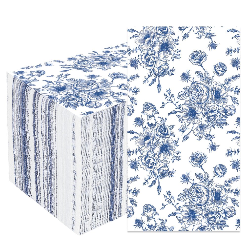 100 Pack Blue Floral Guest Napkins Disposable Flower Paper 3 Ply Decorative Hand Towels Dinner for Bridal Shower Baby Wedding Birthday Party Supplies, Blue and White