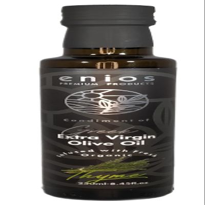 Enios Thyme Infused Greek Extra Virgin Olive Oil 250ml. 100% Natural. No flavourings. No preservatives. No essential oils. No chemicals. No floating 'bits'. Absolutely nothing artificial!