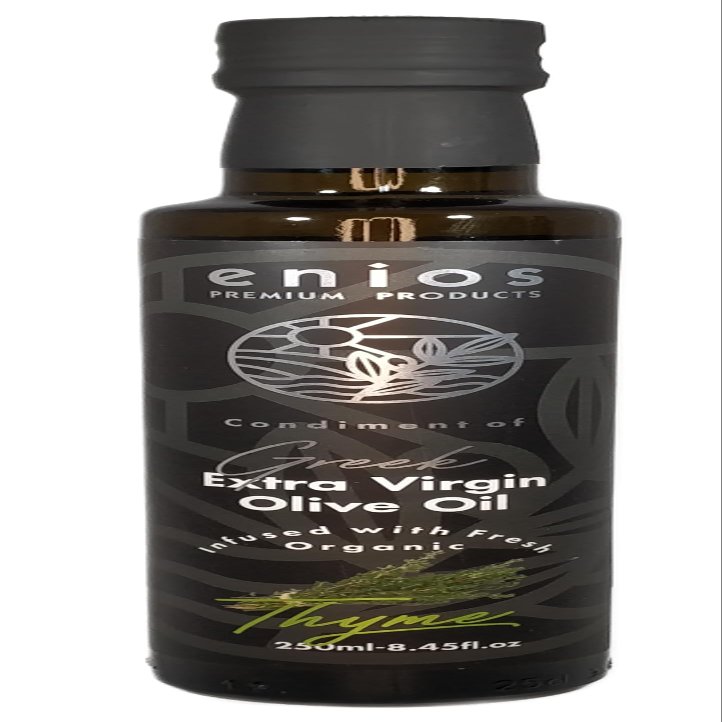 Enios Thyme Infused Greek Extra Virgin Olive Oil 250ml. 100% Natural. No flavourings. No preservatives. No essential oils. No chemicals. No floating 'bits'. Absolutely nothing artificial!