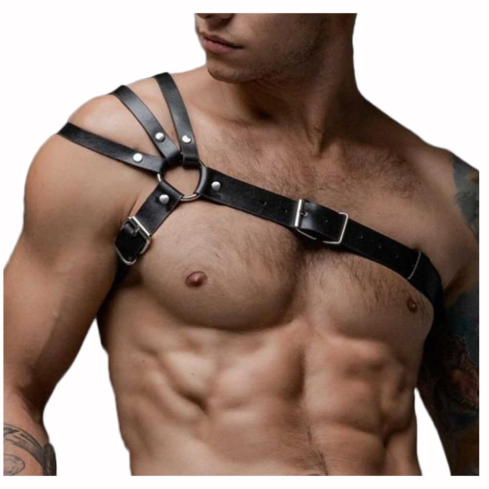 OLIns Man Leather Harness Punk Gay Adjustable Buckle Straps Clubwear Costume (Color:Black,Size:One Size)