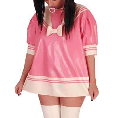 ASNAT Natural latexPink and White Sexy Loose Latex Dress with Half Sleeves Pull On Rubber Uniform Playsuit Bodycon,Trans Green W White,XL