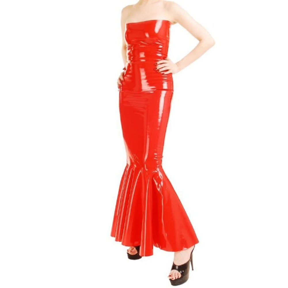 ASNAT Natural latexSleeveless Red Sexy Long Fishtail Latex Dress Rubber Bodycon Playsuit Frills at Bottom,Purple,XL