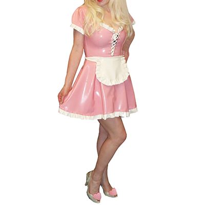 ASNAT Natural latexBaby Pink and White Maid Latex Dress with Lacing Short Sleeves Zipper Back Rubber Uniform Playsuit Bodycon,Blue with White,XXL