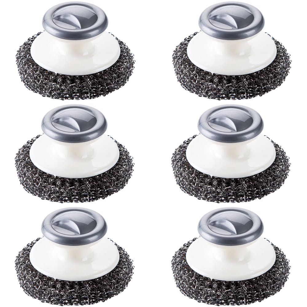 6Pcs Stainless Steel Wool Scrubber with Handle, Dish Scrubber Cleaning Supplies for Pots, Pans, Grills, Dishes