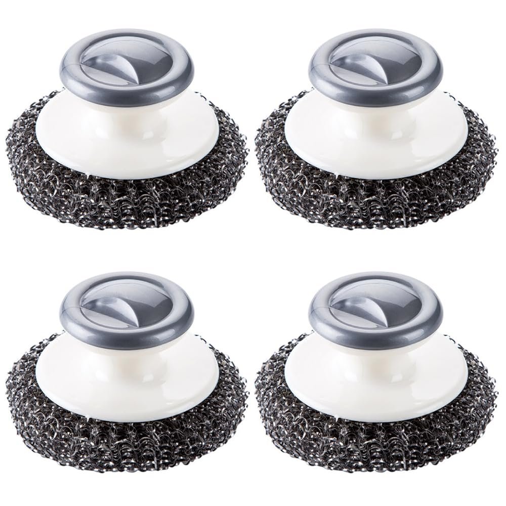 4Pcs Stainless Steel Wool Scrubber with Handle, Dish Scrubber Cleaning Supplies for Pots, Pans, Grills, Dishes
